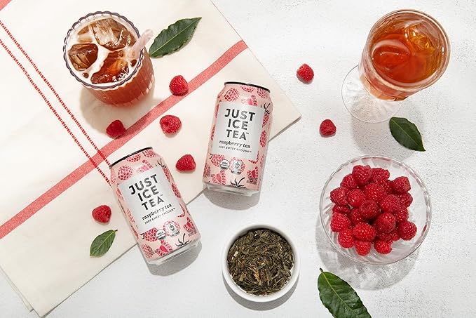 Just Ice Tea Raspberry Flavored Black Iced Tea 24-Pack (12oz Cans) USDA Certified Organic Low Calorie No Artificial Sweeteners Fair Trade Made in USA.
