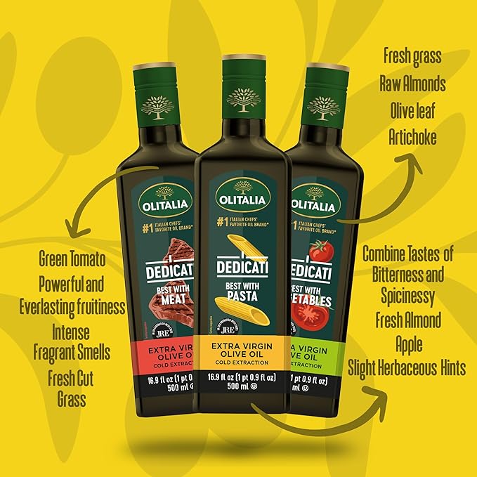 Olitalia Extra Virgin Olive Oil – Meat Pasta and Vegetables Flavor Booster (3 Pack) – EVOO Polyfenol – Extracted and Bottled in Italy - Dressing and Marinate – Organic Cold Pressed