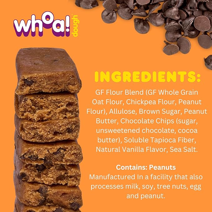 Whoa Dough Edible Cookie Dough Bars- Certified Non-GMO Kosher and Gluten Free Bars - Healthy Snack Foods - Plant Based Snacks - Peanut Butter Chocolate Chip Cookie Dough - 4 Pack
