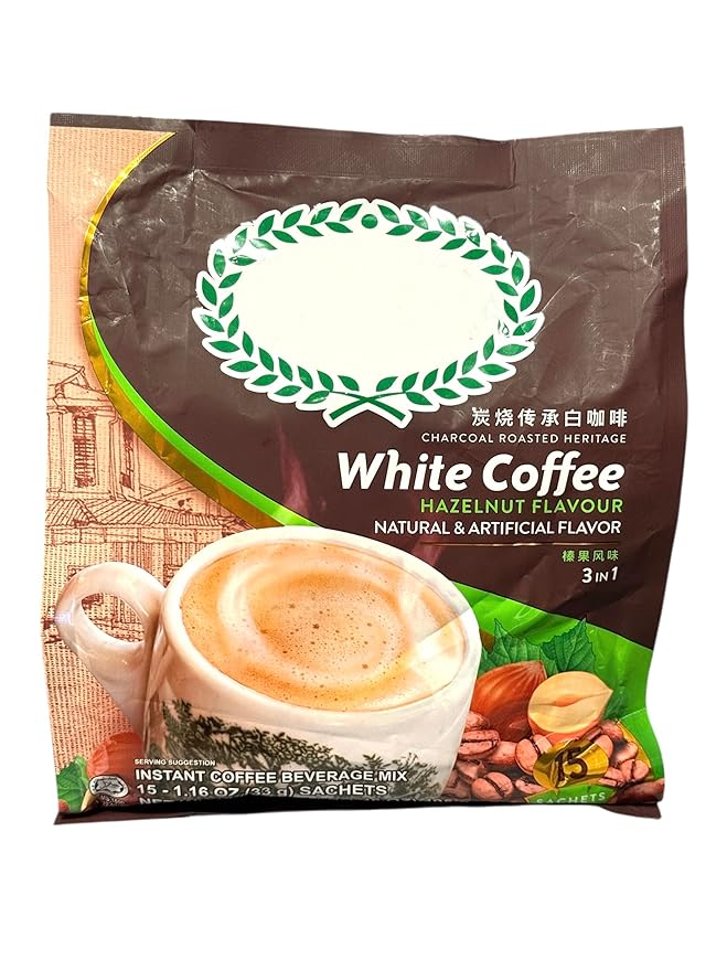 1 Pack - Instant White Coffee Hazelnut Flavour - Ca Phe Trang Hoa Tan Vi Hazelnut - 15 Sticks per Bag - Product of Malaysia
