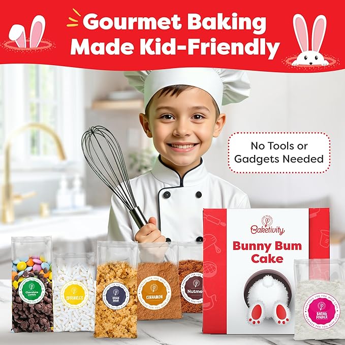 Baketivity Bunny Bum Cake - Kids Baking Kit with Premeasured Ingredients Step-by-Step Instructions STEM Lessons - Cake and Cupcake Decorating Kit for Kids - Cooking and Baking Kit - Best Easter Gift