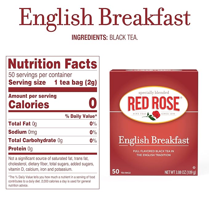 Red Rose English Breakfast Tea Specially Blended Strong Robust Black Tea with 50 Individually Wrapped Tea Bags Per Box (Pack of 6) Contains Caffeine Brew Hot Full Flavored Black Tea in the English Tra