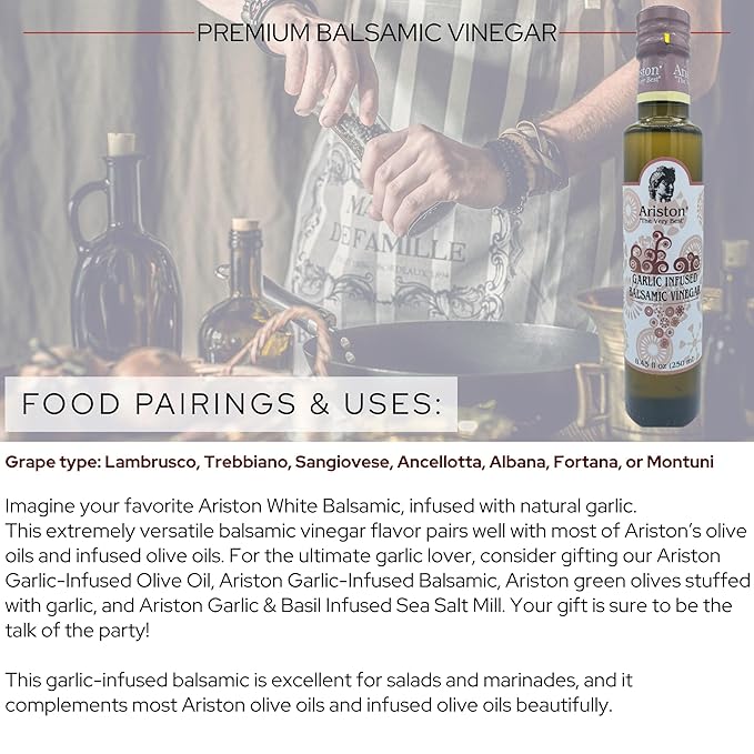 Ariston The Very Best Premium Balsamic Vinegar – Barrel Aged Gourmet Quality Product of Italy – Vegan Gluten Free GMO Free No Added Sugar All-Natural 8.45 fl oz (250ml) Garlic