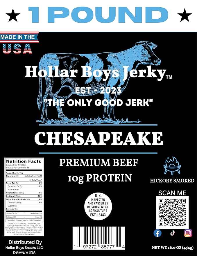 Hollar Boys Snacks Chesapeake Beef Jerky One Pound Resealable Bag Low Carb USA Made