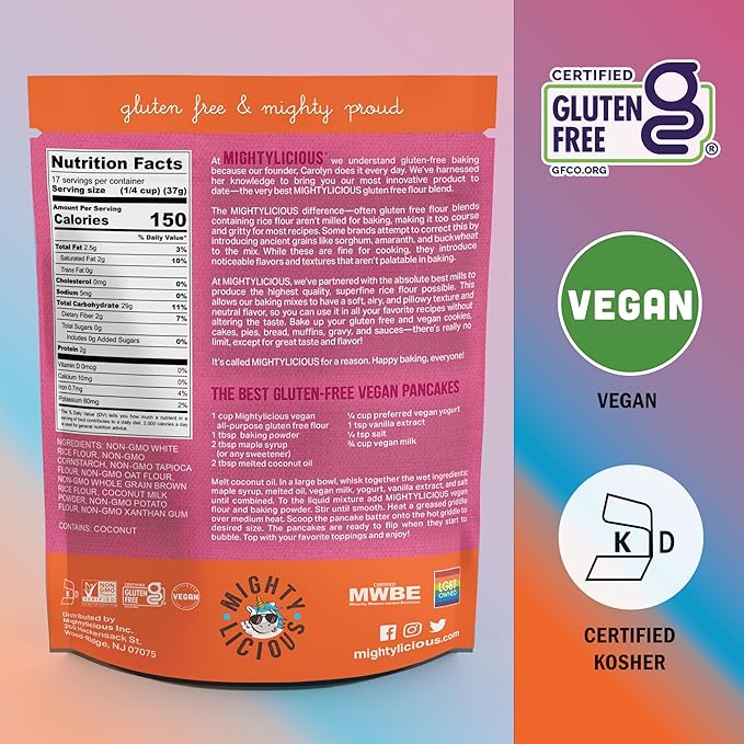 Mightylicious All-Purpose Flour (Plant Based)- Superfine Rice Flour - Gluten-Free - Allergen Friendly - Non-GMO - Ideal for Baking Cooking &amp Topping for Cakes Bread Muffins - 3-Pack (66oz Tota
