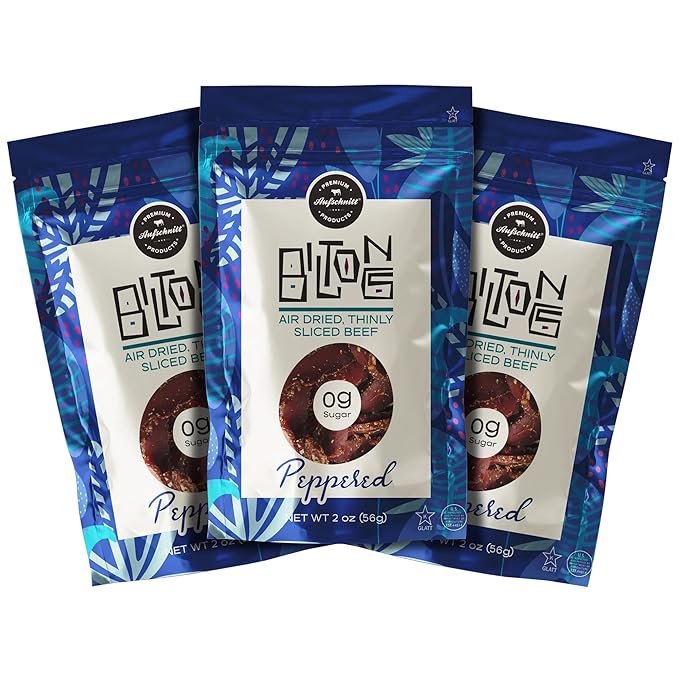Aufschnitt Biltong Beef Jerky Slices South African Style Beef - Air Dried No Sugar All Natural Ingredients Gluten Free Made in USA Peppered 2oz 3 Pack