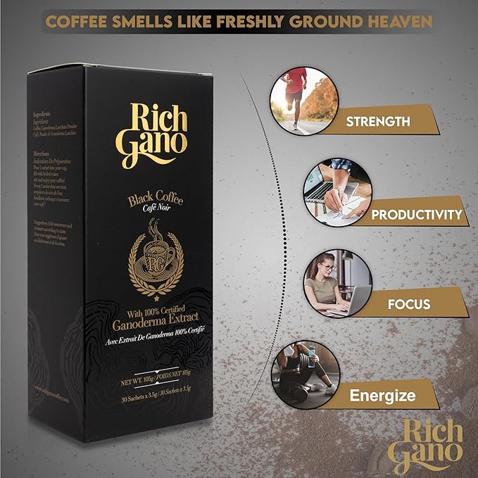Rich Gano Reishi Mushroom Coffee – (10 Boxes of 30 Sachets) Black Coffee with Ganoderma Extract – All Natural Vegan Friendly Instant Coffee Packets – Zero Jitters Energize Ganoderma