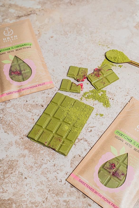 Urth Essence Sugar Free Vegan Chocolate Bars | Keto &amp Dairy Free | Healthy Vegan Gifts | Organic White Chocolate Matcha Raspberry