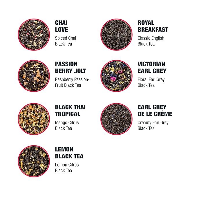 Tiesta Tea - Black Sampler Dry Flight Set Loose Leaf High Caffeine Makes Hot &amp Iced Assorted Tea Sets with Herbal Chai Fruit Black Teas &amp More 7 Resealable Sample Pouches
