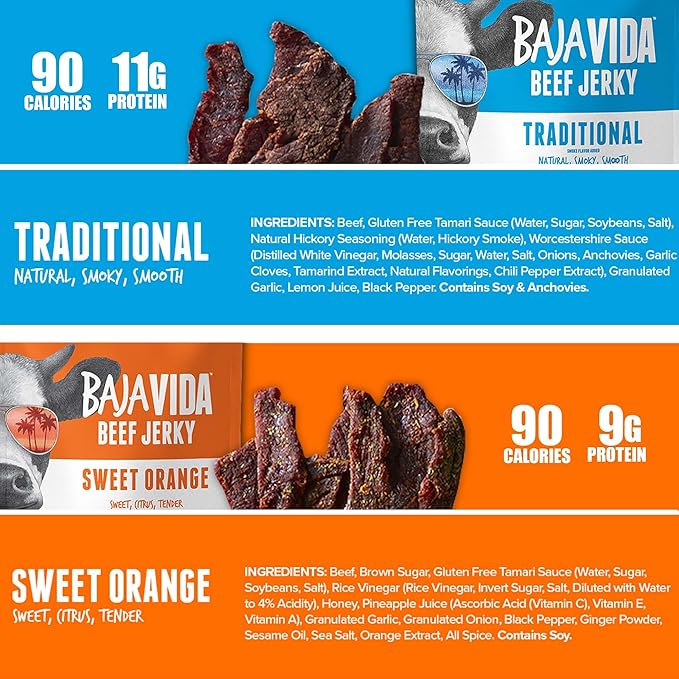 BAJA BEEF Jerky Snack Packs - Beef Jerky Variety Pack Beef Jerky Gifts for Men Beef Jerky Sampler High Protein Craft Jerky Assortment Gluten Free - Traditional &amp Sweet Orange 2.5 Oz Bags (4 P
