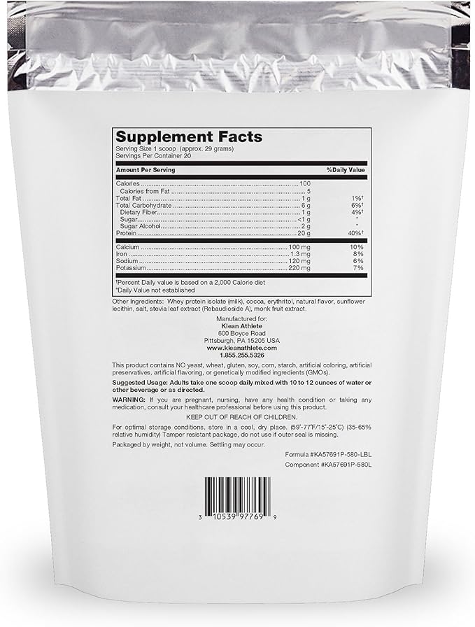 Klean Athlete Klean Isolate | Whey Protein Isolate to Enhance Daily Protein and Amino Acid Intake for Muscle Integrity* | NSF Certified for Sport | 20 Servings | Natural Chocolate Flavor