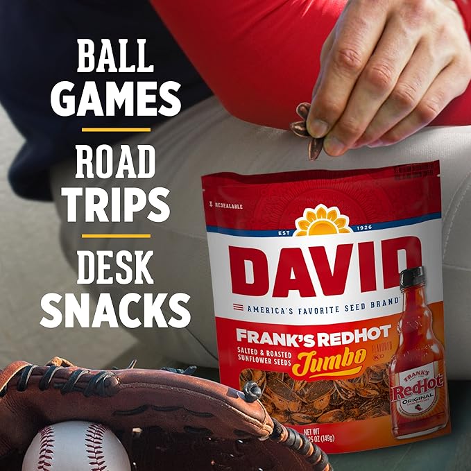 DAVID Jumbo Sunflower Seeds Frank's RedHot Flavor Easter Basket Stuffer for Baseball Players 5.25 oz. (Pack of 12)