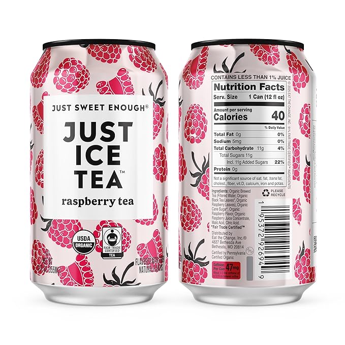 Just Ice Tea Raspberry Flavored Black Iced Tea 24-Pack (12oz Cans) USDA Certified Organic Low Calorie No Artificial Sweeteners Fair Trade Made in USA.