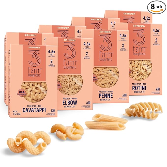 3 Farm Daughters High Fiber Pasta Variety Pack Includes Penne Elbow Rotini &amp Cavatappi Low GI Non GMO Low Net Carb Made in the USA 12 oz. (8 Pack)