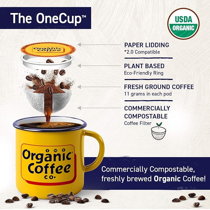 The Organic Coffee Co. Compostable Coffee Pods - French Roast (36 Ct) K Cup Compatible including Keurig 2.0 Dark Roast USDA Organic