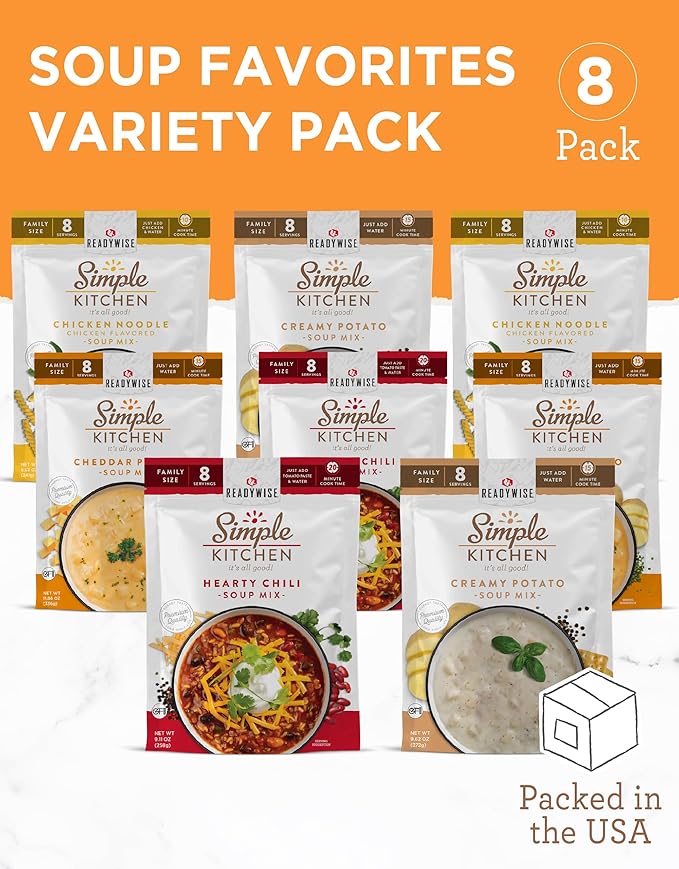 READYWISE - Simple Kitchen Soup Favorites Variety Pack 8 Servings Per Pouch Soup Mix Family Size MRE Freeze Dried Food Ready To Eat Meals Hiking &amp Backpacking Food Soup for Family Pack