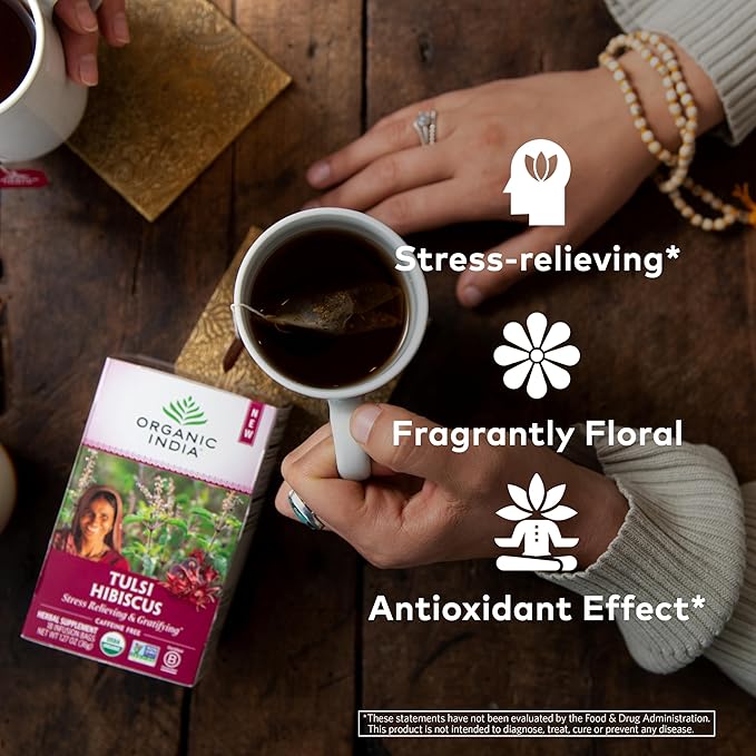 Organic India Tulsi Hibiscus Tea Bags - Holy Basil Herbal Tea Stress Relieving Immune Support USDA Organic Calming Caffeine Free- 18 Bags 6 Pack