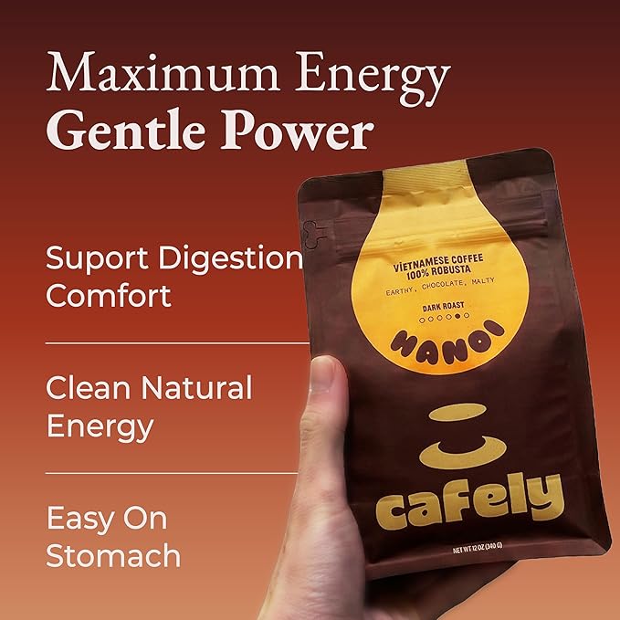 Cafely HaNoi - 100% Robusta Whole Bean Vietnamese Coffee – Dark Roast High Caffeine (Bold &amp Punchy) Thick Crema Low Acid Single Origin Direct Trade For Espresso Phin French Press 12 oz