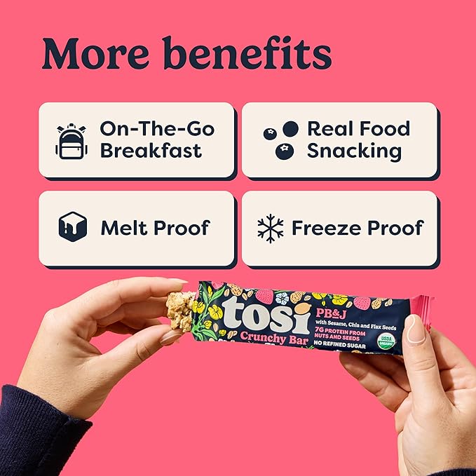 Tosi Nut Bars PB&ampJ Healthy Snacks for Adults &amp Kids Plant Based Crunchy Bars (7G Protein) Organic Keto Snacks Vegan Gluten &amp Soy Free Low Sugar Omega 3s 1oz 12-Pack