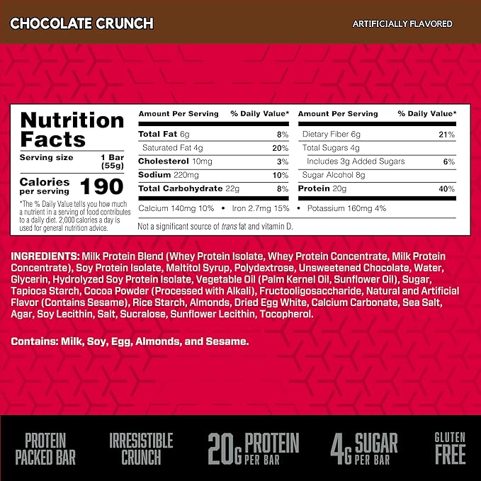 BSN Protein Crisp Bar Chocolate Crunch 20 Gram Protein Snack Bars with Whey and Fiber Gluten-Free Crunchy Energy Bars for Workout Fitness On-the-Go 12 Count