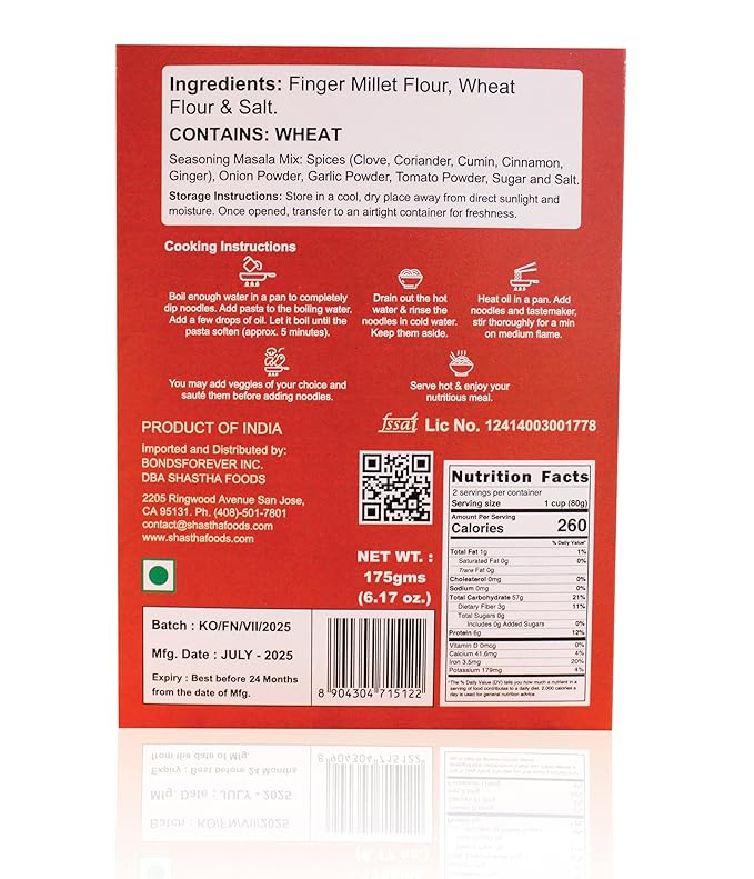 Shastha Finger Millet (Ragi) Noodles (Pack of 2) Each 175gms (B-P)