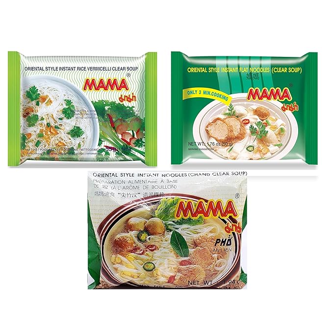 MaMa Oriental Style install noodles Clear Soup 3 different types of noodles (Flat Noodle Rice Vermicelli and Chand Noodle) 3 Flavor 10 bags each Flavor a total of 30 bags