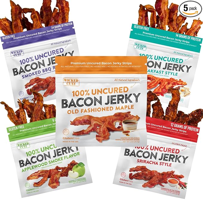 Bacon Jerky Variety Pack | 5 Flavors &amp Up to 24g Protein Per Bag | Fully Cooked Tender Easy to Chew USA Made High Protein Carnivore Snacks | Unique Gifts for Men (5 Bags)