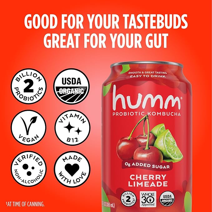 Humm Whole30 Approved Kombucha Cherry Limeade Organic Vegan &amp GMO Free (24 Pack)