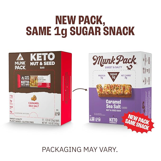 Munk Pack Nut &amp Seed Bars Caramel Sea Salt Prebiotic &amp Probiotic GLP-1 Snack Gut Friendly 5g Fiber 5g Plant Protein Gluten Free Keto No Sugar Alcohols 3g Net Carb 24 Count