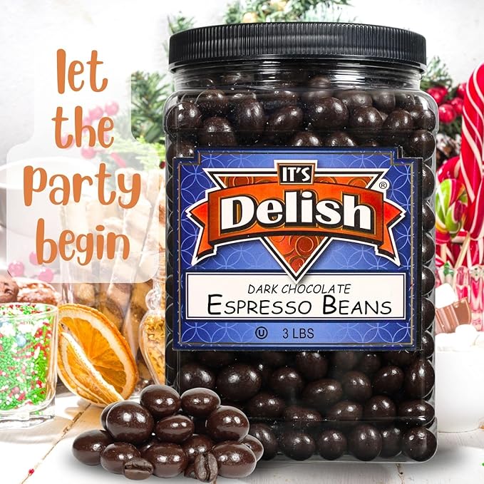 Dark Chocolate Covered Espresso Beans - by It's Delish 3 Lbs Jumbo Container | Coffee Lovers Snack | Gourmet Chocolates Candy Snacks | Made in USA Vegan Kosher