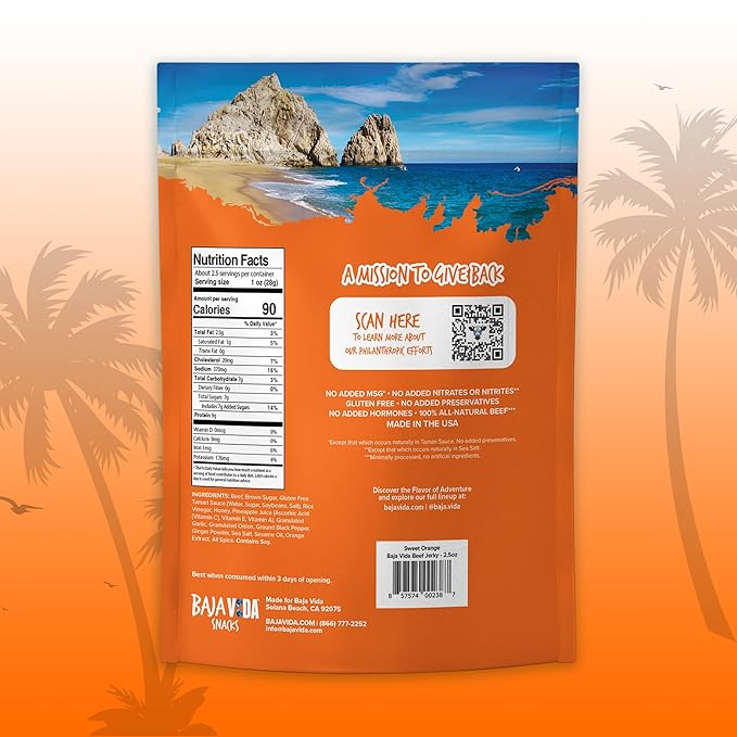BAJA BEEF Baja Vida Sweet Orange Beef Jerky - Beef Jerky Snack Packs Healthy Jerky Gluten-Free All-Natural Beef No MSG Made in the USA - 2.5 Oz (Pack of 3)