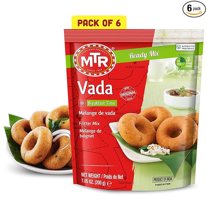 MTR Instant Vada Mix - Ready to Cook Authentic Indian Breakfast Lunch Dinner or Snack Meal - No Added Preservatives - A Quick &amp Easy Recipe Suitable for Vegetarians - (200g Pack of 6)
