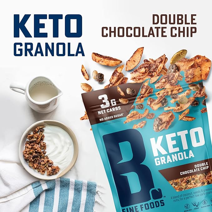 B. Fine Foods - Keto Granola High Protein Snack - Double Chocolate Chip - Breakfast Blend of Coconut Seeds &amp Nuts - 3g Net Carbs Gluten &amp Grain-Free Kosher &amp Contains Nuts (9oz 2 Pack)