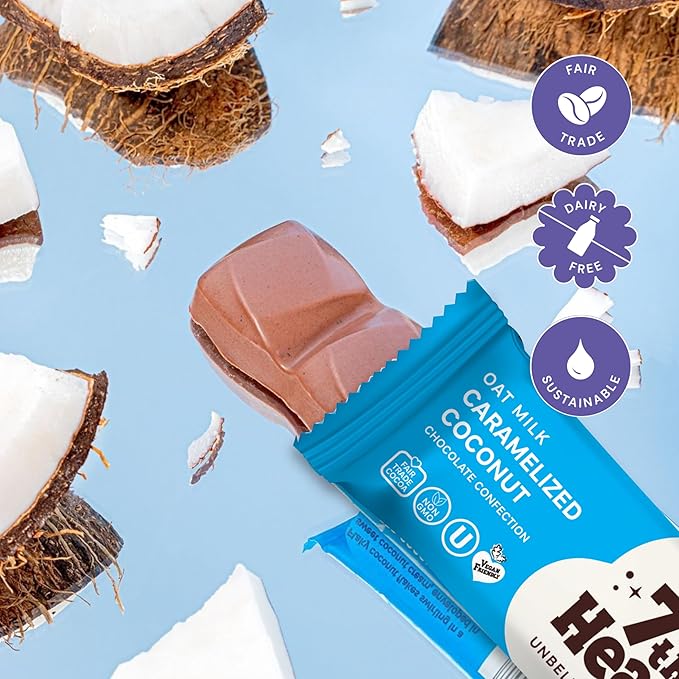 7th Heaven Vegan Oat Milk Chocolate Snack Bars: Caramelized Coconut - (1.6 oz - 6 Pack) Healthy Chocolate Perfect Valentines Gift For Your Loved Ones 100% Dairy Free Non GMO Kosher Parve Cruelt