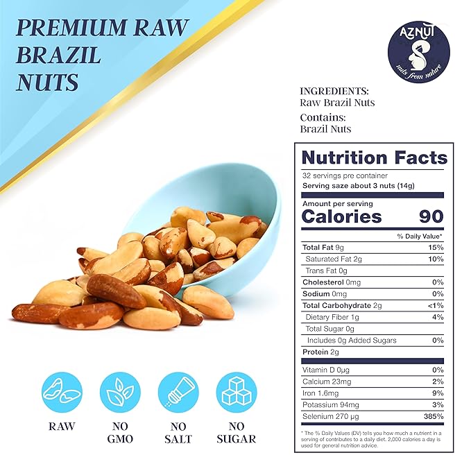 Aznut Brazil Nuts Superior to Natural and Raw Shelled No PPO Vegan and Keto Friendly Gluten Free Peanut free and Vegan Non Gmo Certified Premium Quality Super Food Fresh and Crunchy Kosher Cer