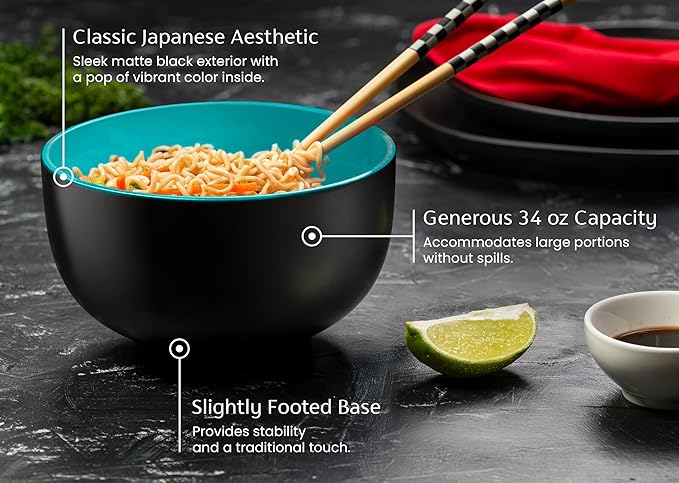 KooK Ramen Bowl Japanese Bowls Noodle Bowls Large Soup Bowl Ceramic Large Capacity For Ramen Pho Udon Soba Microwave and Dishwasher Safe 34 oz Set of 4 (Black/Teal)
