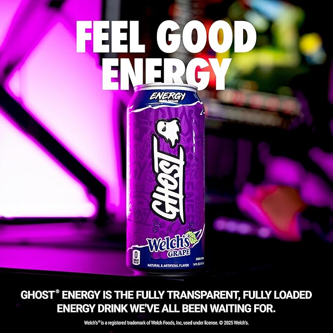GHOST Energy Drink - 12-Pack Welch's Grape 16oz Cans - Energy &amp Focus &amp No Artificial Colors - 200mg of Natural Caffeine L-Carnitine &amp Taurine - Gluten-Free &amp Vegan