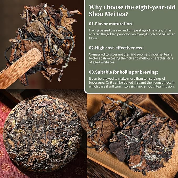 XIXICHA Shoumei White Tea Cake 300g/10.6oz Chinese Tea Fuding White Tea Aged 2017 Old Shou Mei Tea Beautiful Gift Packaging （240 cups）白茶 寿眉老白茶 茶饼 福鼎白茶