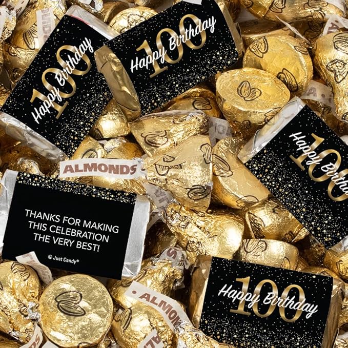 124 Pcs 100th Birthday Candy Party Favors Miniatures Chocolate &amp Gold Almond Kisses (1.58 lbs Approx. 124 Pcs)
