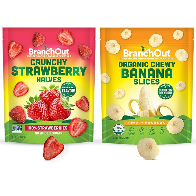 BranchOut Crunchy Strawberry Halves (6 oz) and Chewy Banana Slices (10 oz) Bundle No Sugar Added GentleDry Better than Freeze Dried Fruit Healthy Vegan Snacks for Kids &amp Adults