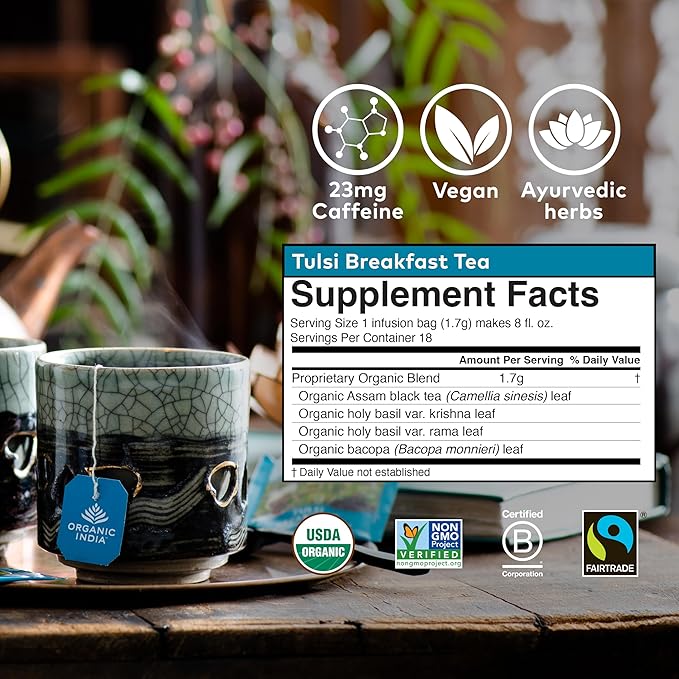 ORGANIC INDIA Tulsi Breakfast Herbal Tea - Black Tea Holy Basil Relieve Stress &amp Energize USDA Organic Non-GMO Caffeinated - 18 Bags 3 Pack