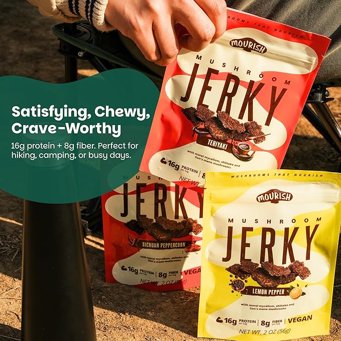 Mourish Vegan Mushroom Jerky Variety Pack 6 Pack (2 oz) Good Source of Protein and Fiber Plant Based Meat Meatless Healthy Snacks for Hiking Camping Work Travel &amp School