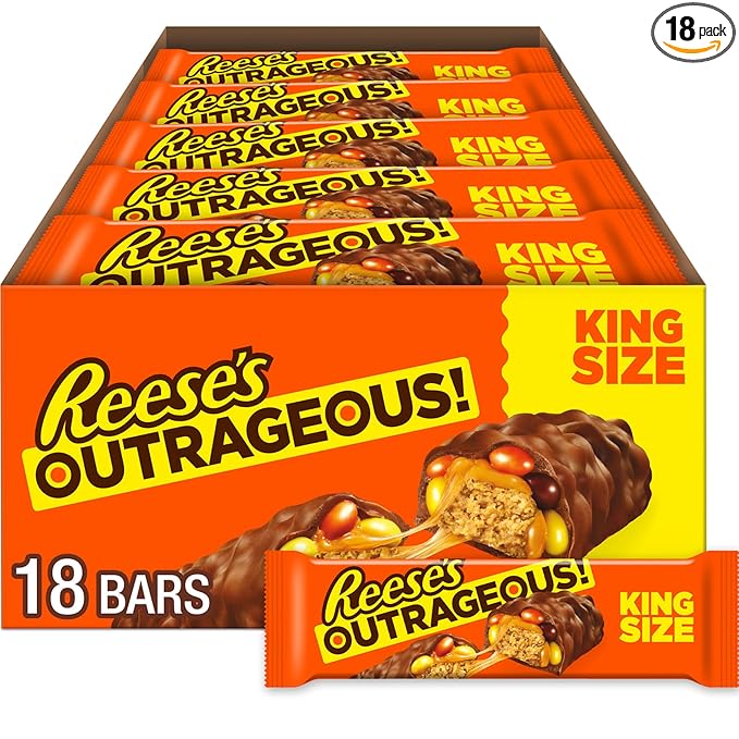 REESE'S OUTRAGEOUS! Peanut Butter Caramel and PIECES King Size Candy Bars 2.95 oz (18 Count)