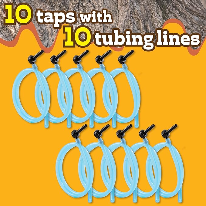 Deluxe Maple Syrup Tree Tapping &amp Sugaring Starter Kit-10 Taps &amp 10 Extra Long Food-Grade Tubing Drop Lines- Complete Set for Experts or Beginners to Start Tapping Your Own Sap- Wont Harm Tree