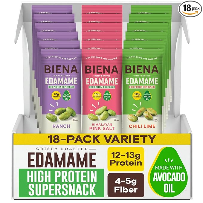 Biena Crispy Roasted Edamame Beans Snack – High Protein Low Carb Snack for Adults &amp Kids 12g-13g Protein per Serving - Made w/Avocado Oil – Vegan Gluten-Free – 18-Pack 1.05oz Variety Pack