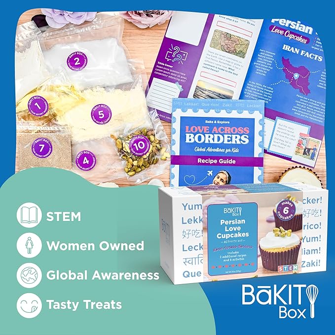 BāKIT Box Persian Love Cupcakes Baking Kit for Kids – Global Cultural Baking Activity Set with Recipe Booklet &amp Premium Ingredients – Includes Rose Water Cardamom &amp Pistachios – Ages 7–14