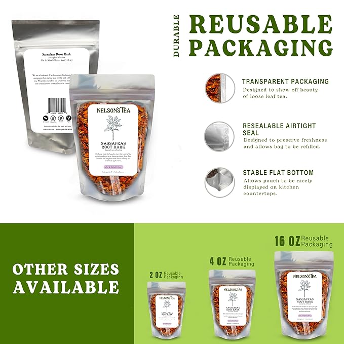 Nelson’s Tea - Sassafras Root Bark Cut &amp Sifted - Caffeine Free - Premium Sassafras Albidum Aroma Freshly Packed Resealable Bag - 16 oz