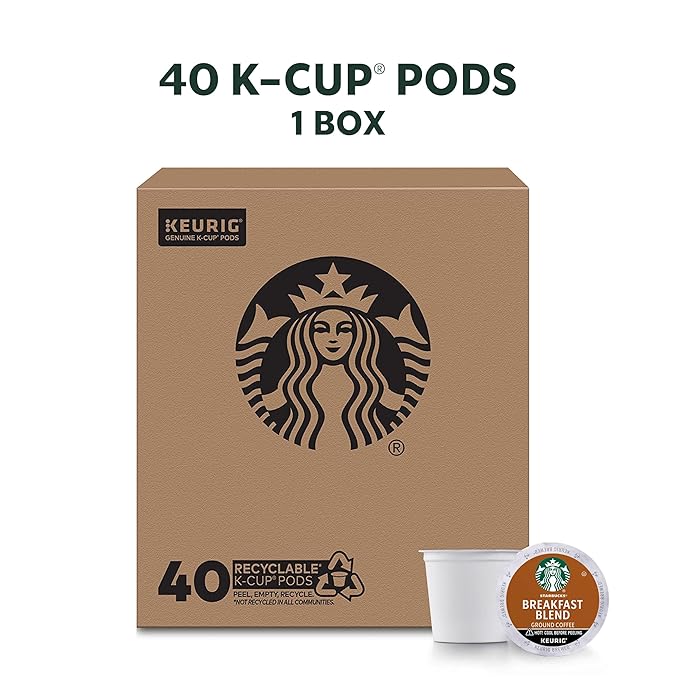 Starbucks K-Cup Coffee Pods Medium Roast Breakfast Blend for Keurig Brewers 100% Arabica 1 Box (40 Pods) (Pack of 2)