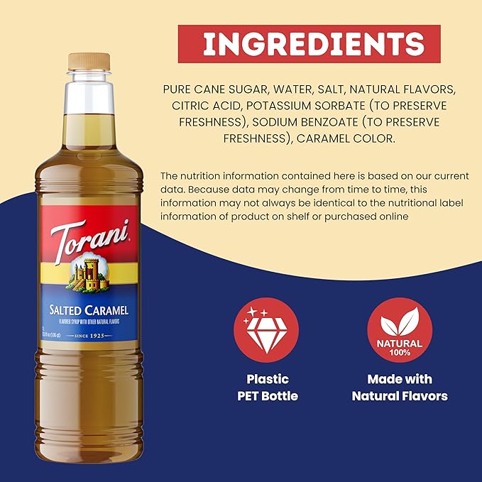 Torani Salted Caramel Flavoring Syrup 1 Liter Bottle with Pump Dispenser – Coffee Syrup for Lattes Teas Cocktails &amp Desserts – Premium Quality Flavored Syrup