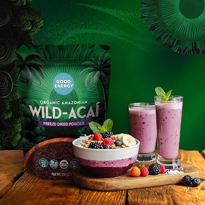 It's Good Energy Organic Amazonian Wild Açaí Powder | 100% Wild Grown Sustainably Collected | Prevents Deforestation | Freeze-Dried | 8X More Antioxidants | No Sugar Non-GMO Gluten-Free | 8.4oz